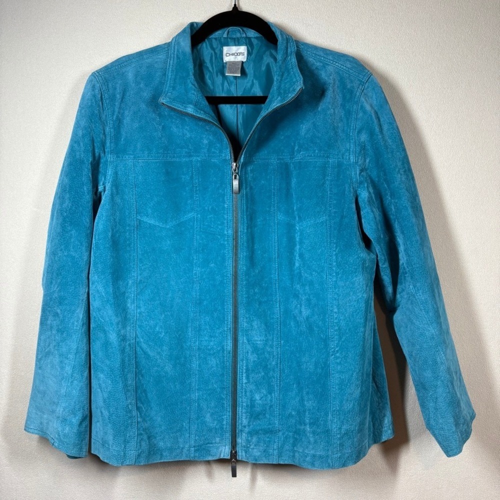 Chicos Turquoise Blue Suede Leather Zip Up Jacket 12 Large Boho Artsy Statement‎